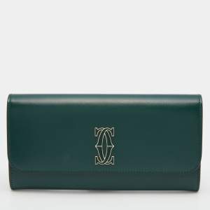 Pre Owned Cartier Green Leather Double C de Cartier Flap International Continental Wallet