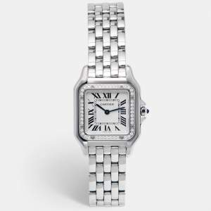 Pre Owned Cartier Silver Stainless Steel Diamond Panthere De Cartier W4PN0008 Women's Wristwatch 29 mm