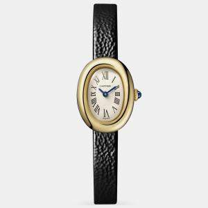 Cartier Silver Black Leather 18k Yellow Gold Baignoire Quartz Women's Wristwatch 19mm