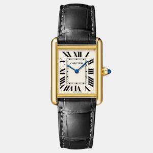 Cartier White Black Leather 18k Yellow Gold Tank Louis Cartier Quartz Women's Wristwatch 24mm