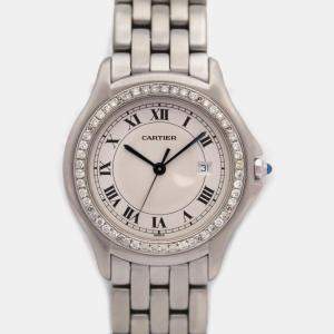 Cartier Cougar 33mm 987904 Silver Dial Custom Diamond Bezel Steel Quartz Wristwatch