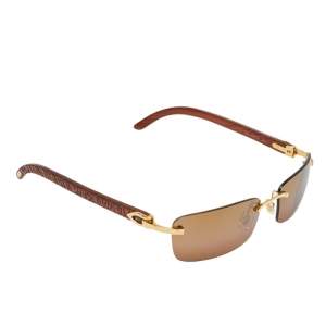 Pre Owned Cartier Textured Wood/ Brown 135B Wooden C Décor Rimless Sunglasses