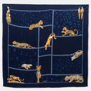 Pre Owned Cartier Blue Panther Printed Square Silk Scarf