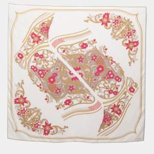 Pre Owned Cartier White Floral Boot Silk Square Scarf