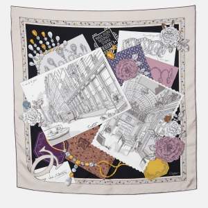 Pre Owned Cartier Beige Paris Postcard Printed Silk Square Scarf