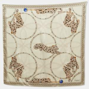 Cartier Cream Panthers & Hoops Print Silk Square Scarf