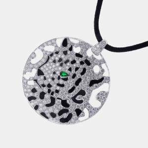 Cartier 18K White Gold 0.17 Ct Emerald, 1.44 Ct Diamonds  Panthère Necklace