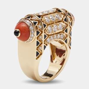 Pre Owned Cartier Geometry and Contrast Multicolor Gemstones Black Lacquer 18k Rose Gold Cocktail Ring Size 53