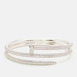 Pre Owned Cartier Juste Un Clou Double Half Paved DIamonds 18k White Gold Bracelet 16