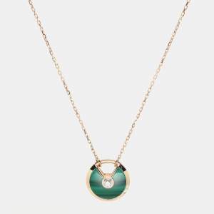 Pre Owned Cartier Amulette De Cartier Malachite Diamonds 18k Rose Gold Small Model Necklace