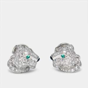 Cartier Panthere De Cartier Diamonds Emerald Onyx 18k White Gold Stud Earrings