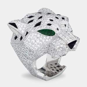 Cartier Panthere De Cartier Head Multi Gemstones 18k White Gold Ring Size 54