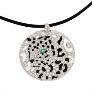 Pre Owned Cartier Panther Diamond Emerald Openwork Disc Pendant Black Cord Necklace