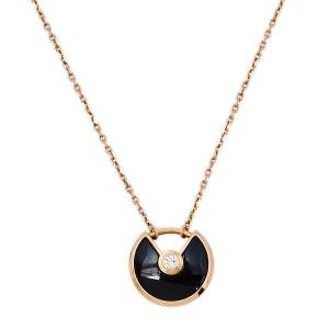 Pre Owned Cartier Amulette De Cartier 18K Rose Gold Diamond & Onyx Pendant Necklace XS 