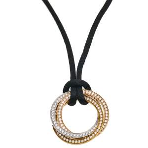 Cartier Trinity Diamond 18K Three Tone Gold  Black Cord Pendant Necklace