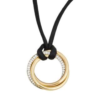 Pre Owned Cartier Trinity Diamond 18K Three Tone Gold  Black Cord Pendant Necklace