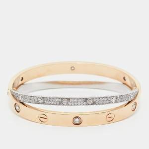 Pre Owned Cartier Love Paved Diamond 18k Two Tone Gold Bangle Bracelet 16