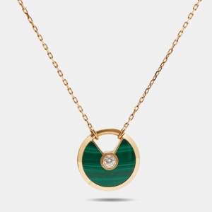 Pre Owned Cartier Amulette de Cartier Malachite & Diamond 18k Rose Gold Pendant Necklace SM