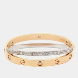 Cartier Love Paved Diamond 18k Two Tone Gold Bangle Bracelet 16