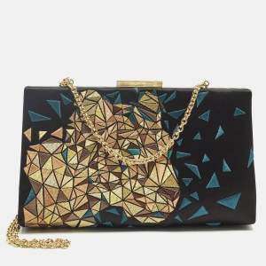 Pre Owned Cartier Black/Teal Satin and Leather Embroidered Panthere De Cartier Chain Clutch