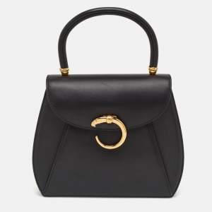 Pre Owned Cartier Panthere Black Leather Top Handle Bag