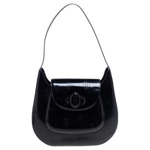 Cartier Black Glossy Logo Embossed Leather Flap Hobo
