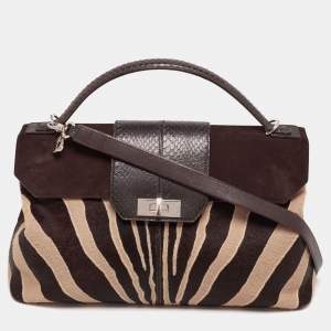 Cartier Dark Brown/Cream Calfhair, Suede and Snakeskin Feminine Line Top Handle Bags