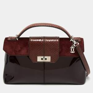 Cartier Burgundy Python, Suede and Patent Leather Feminine Line Top Handle Bag