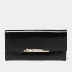 Cartier Black Glossy Leather Metal Flap Continental Wallet