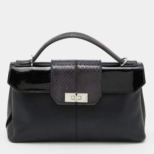 Cartier Black Leather and Python Classic Feminine Line Top Handle Bag