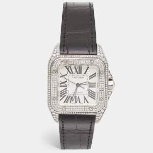 Cartier Silver Stainless Steel Diamond Alligator Leather Santos 100 W20126X3 Women's Wristwatch 33 mm