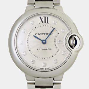 Cartier Silver Diamond Stainless Steel Ballon Bleu Automatic Women's Wristwatch 33 mm