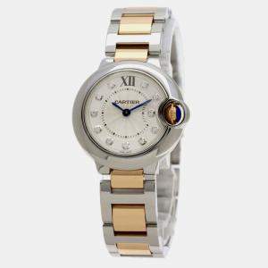 Cartier Silver Diamond 18k Rose Gold Stainless Steel Ballon Bleu Quartz Women's Wristwatch 28 mm