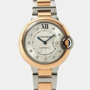 Cartier Silver Diamond 18k Rose Gold Stainless Steel Ballon Bleu Automatic Women's Wristwatch 33 mm