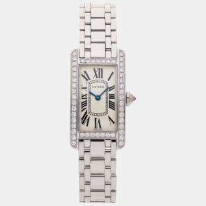 Cartier Silver Diamond 18k White Gold Tank Americaine WB7073L1 Quartz Women's Wristwatch 18 mm