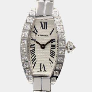 Cartier Silver 18k White Gold Diamond Mini Tonneau WJ2004W3 Quartz Women's Wristwatch 16 mm