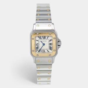 Pre Owned Cartier Cream 18k Yellow Gold Stainless Steel Santos de Cartier Galbée 3887 Women's Wristwatch 24 mm 
