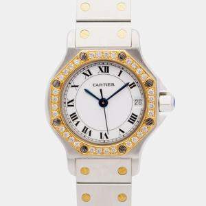 Cartier Customised White 0.50CT Diamond 18K Yellow Gold Stainless Steel Santos Octagon 187903 Quartz Women's Wristwatch 25mm
