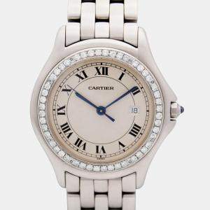 Cartier Cougar Panthere 987904C 32mm Steel Custom Diamond Bezel Ivory Dial Wristwatch