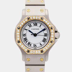 Cartier Santos Octagon 25mm 0907 Auto Custom Diamond Bezel White Dial Wristwatch