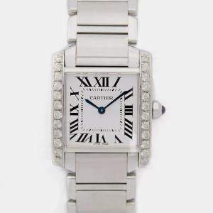 Cartier Tank Francaise 2301 25mm Custom Diamond Bezel White Roman Steel Band Wristwatch