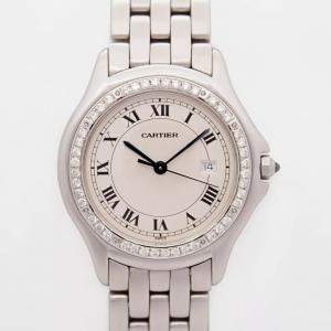 Cartier Customised White 0.50CT Diamond Stainless Steel Cougar 987904 Quartz Women's Wristwatch 33mm
