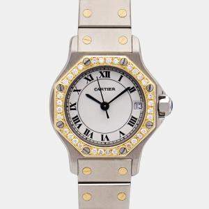 Cartier Santos Octagon 187903 25mm Custom Diamond Bezel White Dial Wristwatch