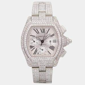 Cartier Customised White Diamond Stainless Steel Roadster 2618 Automatic Men's Wristwatch 40mm