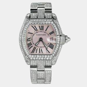 Cartier Customised Silver Diamond Stainless Steel Roadster W62016V3 Quartz Men's Wristwatch 36mm