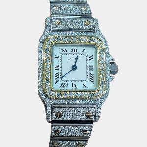 Cartier Customised White Diamond 18K Yellow Gold Santos W20012C4 Quartz Women's Wristwatch 24 MM