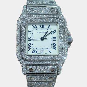 Cartier Customised White Diamond Stainless Steel Santos Galbee 98790 Quartz Women's Wristwatch 29mm