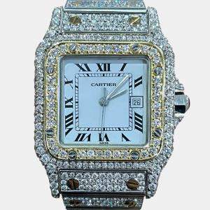 Cartier Customised White Diamond 18K Yellow Gold Santos Galbee 187901 Quartz Women's Wristwatch 29mm