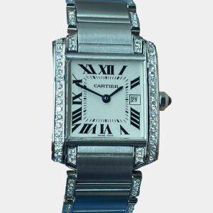 Cartier Customised Blue Diamond Stainless Steel Tank Francaise 2465 Quartz Women's Wristwatch 25 MM