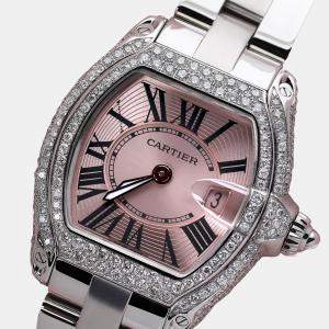 Cartier Customised Pink Diamond Stainless Steel Roadster W62016V3 Quartz Women's Wristwatch 30mm